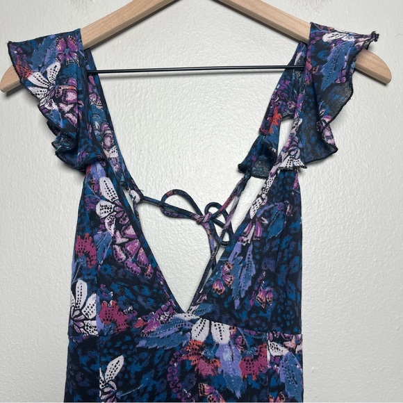 Free People Women Dress XS Blue Floral Deep V Josie Mini Date Night‎ Summer - Picture 3 of 12